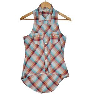 Roper Small Blue‎ Plaid Sleeveless Women's Button Down Hi-Low Western Top S